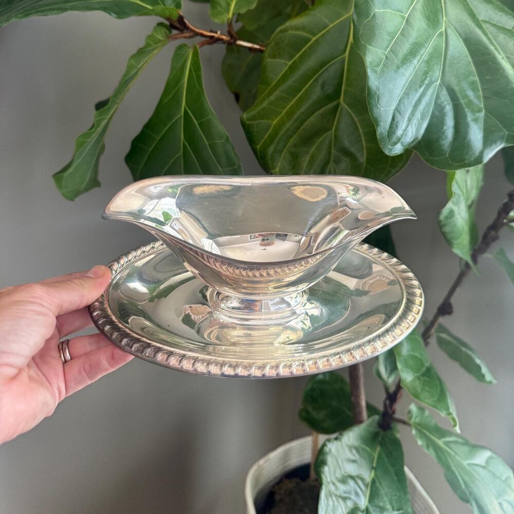 Vintage Silverplate Gravy Boat and Rope Trim Tray, Vanity Bowl Catchall Dish